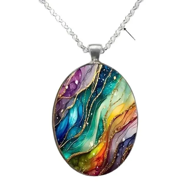 Vintage Dreamy Ripple Oval Glass Pendant Necklace – Retro Iridescent Wavy Pattern, Bohemian Jewelry for Women, Unique Gift for Her